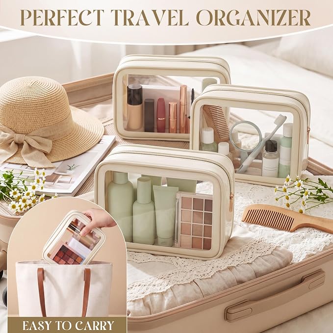 Hsei 6 Pcs Clear Makeup Bags Diaper Bag Organizer Travel Toiletry Bags with Zipper Clear Cosmetic Organizer Car Storage Pouch Bridesmaid Gift for Women Beach Vacation (Beige) - Image 5