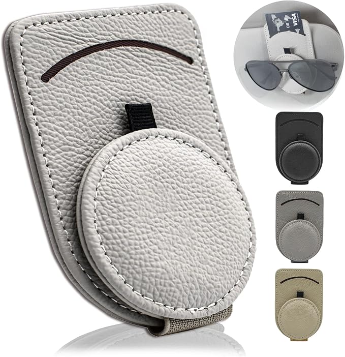 Sunglass Holder for Car Visor, Magnet Adsorbed Sunglasses Holder for Car Accessories Parts, Leather Car Sunglass Holder, Car Visor Sunglasses Clip for Glasses Cards (1PCS, Gray) by Sufilux