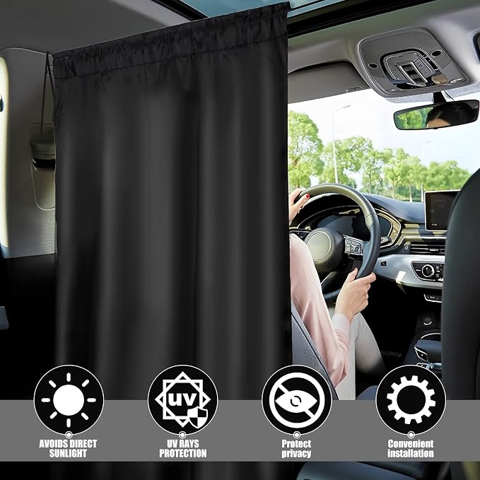 Car Privacy Curtain - Universal Auto Divider Between Rear Seat, Blackout Sun Shades, Side Window Covers for Travel, Camping, Nap, Sleeping (1Pc) - Image 2