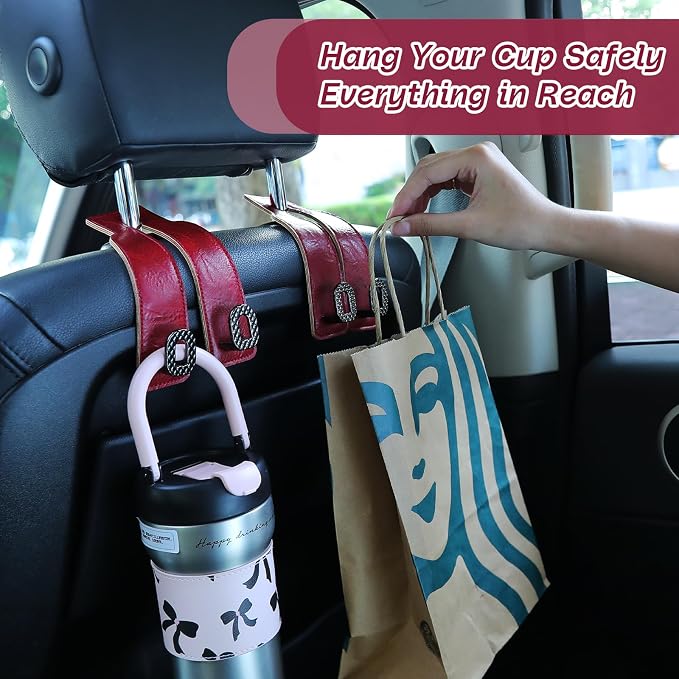 Car Headrest Hooks Universal Car Purse Hook Premium Leather and Alloy Twin Hook Car Seat Back Storage Hanger Hook for Purse Bags Cloth Drink Durable Holder Car Accessories (BH09-Red-Black) - Image 3