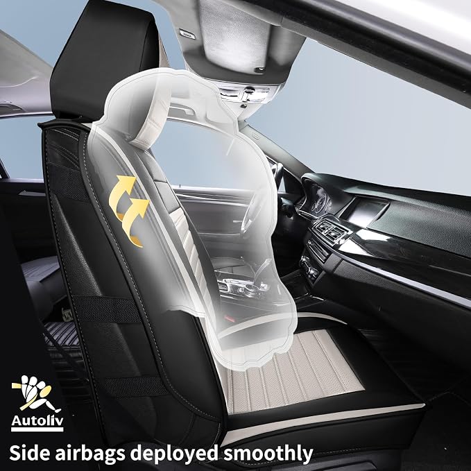 HChengkikz Car Seat Cover, Faux Leather, Waterproof (Black + White) | Breathable, Airbag Compatible, Easy Maintenance, Universal Fit for Most Sedans SUVs Pick-ups Trucks - Image 4