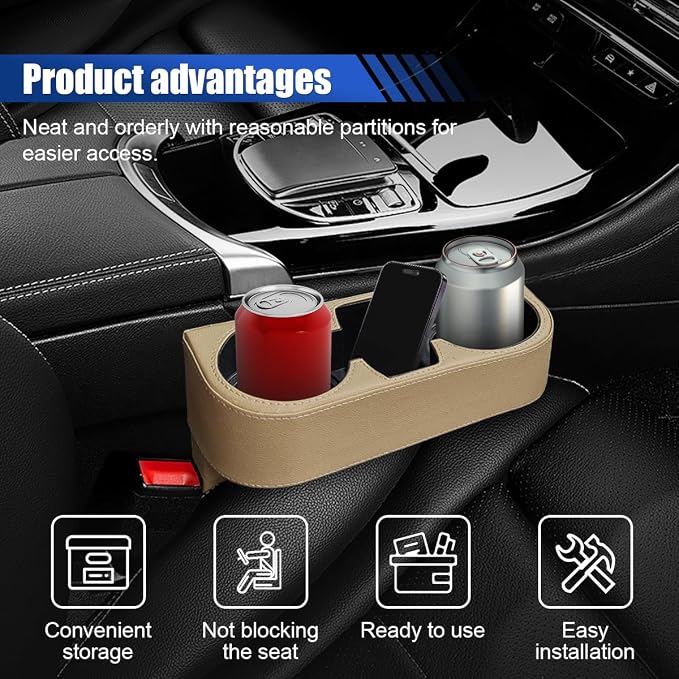KITUREK Car Cup Holder, PU Leather Cover Auto Front Seat Organizer, Beige | Multifunctional Cup Drink Holder, Gap Filler Coin Bucket Storage Box, Console Side Pocket, Cell Mobile Phone Holder - Image 4