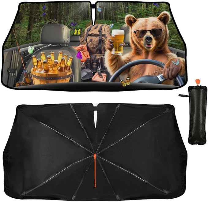 Bear Camping Car Windshield Sun Shade Umbrella Bendable Handle Foldable Funny Sunshade for Car Windshield Block UV Rays Keep Vehicle Cool for Most Sedans SUV Trucks Cars 57"x30" - Image 3