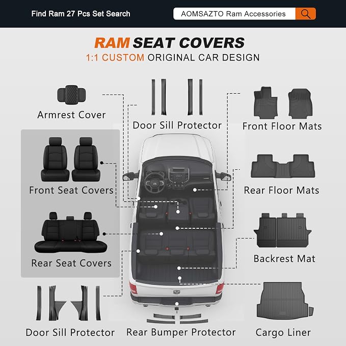 AOMSAZTO Custom Fit Seat Covers for Ram 2500 2019-2026 Full Set Black | Pickup Truck Seat Covers Waterproof faux leather, Breathable comfort, Airbag Compatible, Front covers only fit bucket seats - Image 9