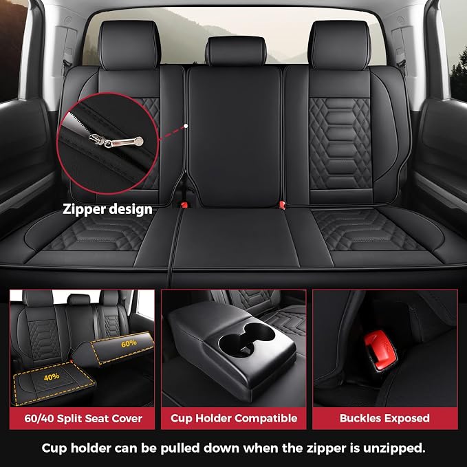 FREESOO Custom Leather for Toyota Tundra Seat Covers 2014-2021 Crewmax Cab | Custom Fit, Full Set, 60/40 Split Bench, Waterproof Faux Leather, for Truck Toyota Tundra Accessories, Black - Image 4