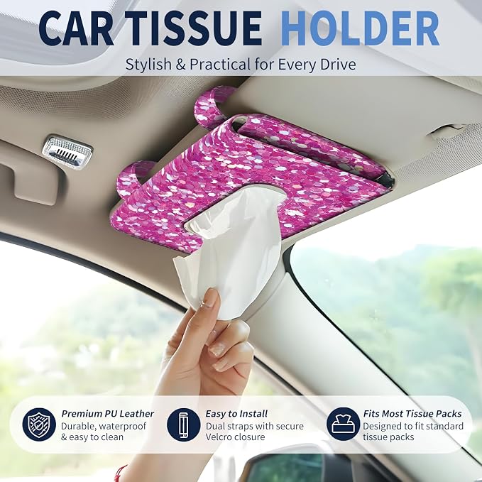Car Tissue Holder, Cute Sun Visor Napkin Holder Backseat Tissue Case, PU Leather Tissue Box, Funny Car Accessories for Women Men Purple Glitter Pattern - Image 2