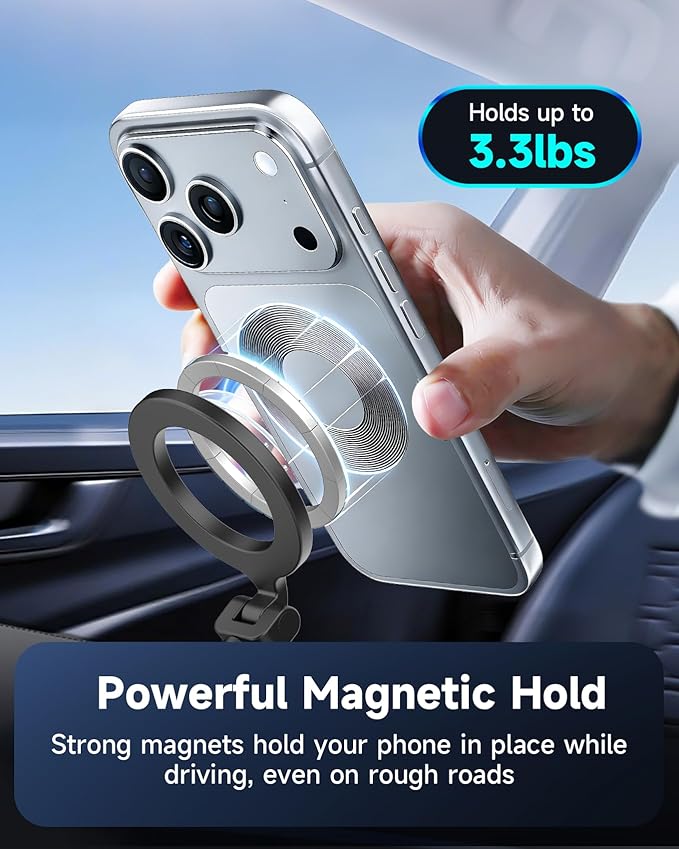 iOttie iTap 3 Magnetic Vacuum Suction Phone Mount, MagSafe Foldable Car Mount with 4-Axis Adjustment, Strong Dashboard & Windshield Hold, Metal Ring for Universal Compatibility, for iPhone 12-17 - Image 3