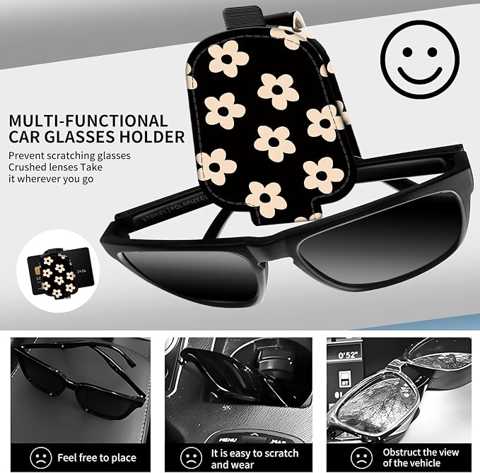 Leather Magnetic Sunglass Holder for Car Sun Visor, Cute Eyeglass Ticket Card Hanger Clip, Universal Auto Interior Accessories for SUV Pickup Truck, Black Daisy - Image 2