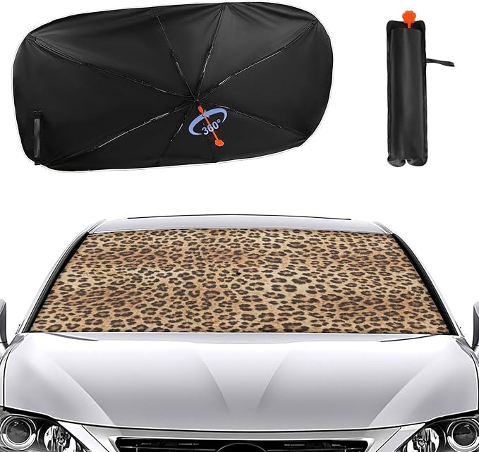 Leopard Print Car Windshield Sun Shade Umbrella, Foldable Car Front Windshield Sunshade with Bendable Handle, Windshield Sun Visor for Most Vehicles - Image 2