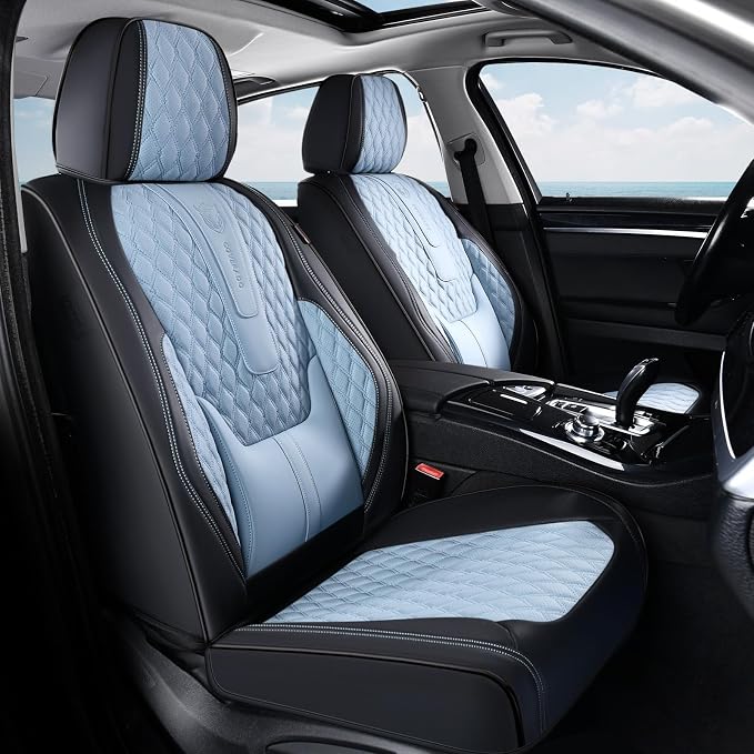 Coverado Car Seat Covers Front, Nappa Leather Seat Covers for Cars, Waterproof Seat Covers with Lumbar Support, Automotive Seat Covers Universal Fit for Most Cars SUV Trucks (Front, Black-Blue) by COVERADOAUTO
