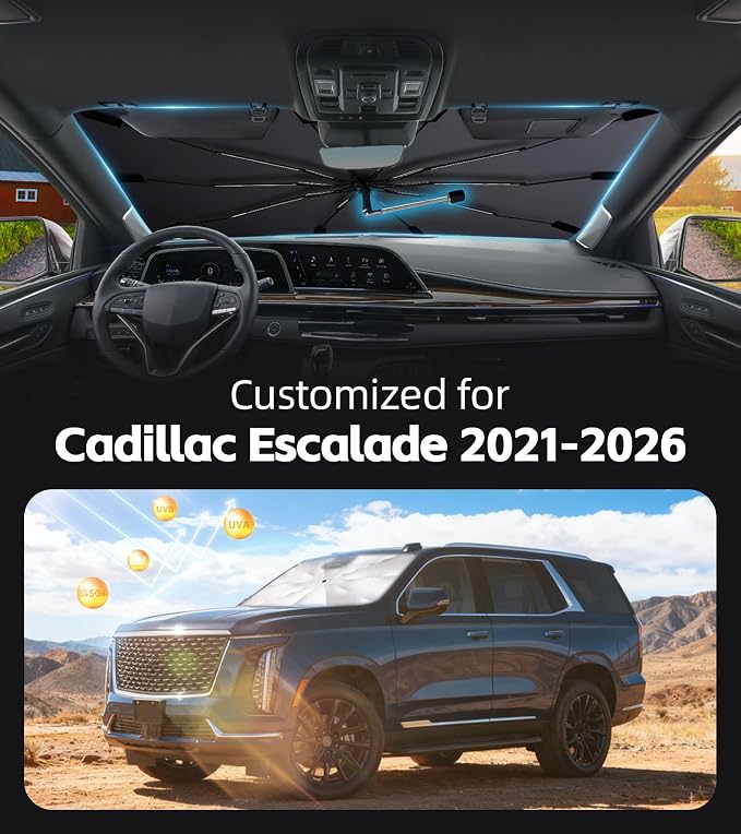Windshield Sunshade for Cadillac Escalade 2021-2026 with 360°Rotating Shaft | Custom Fit Umbrella Sunshade for UV Blocking, Interior Heat Protection, Easy Storage, UPF 50+ Cool Windshield Cover - Image 2