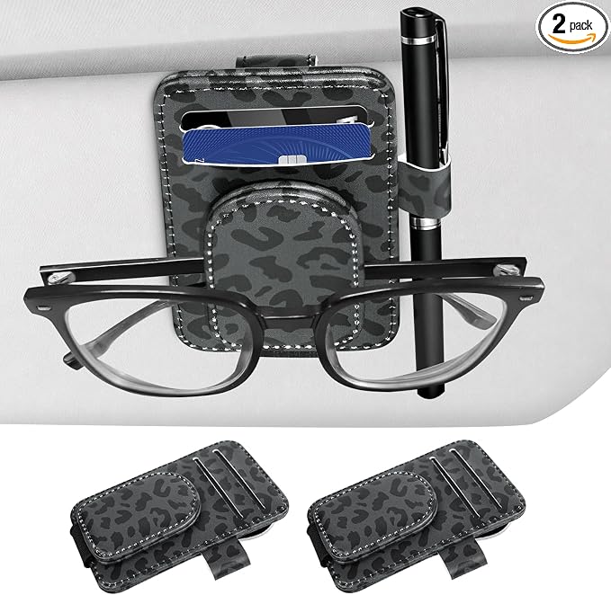 2 Pack Sunglass Holder for Car Visor Black Leopard Sunglasses Clip | Magnetic Car Sunglass Holder with 2 Card Slots & Pen Slot, Sunglass Visor Clip Car Accessories for Different Size Eyeglasses by Unknown