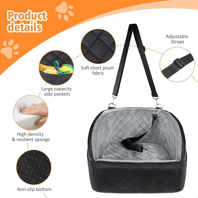 NEEZUKAR Dog Car Seat for Small Dogs,Detachable Washable Dog Booster Seat Under 30lbs, Pet Car Seat Travel Bed with Storage Pockets and Dog Safety Belt (Black/Grey) - Image 4