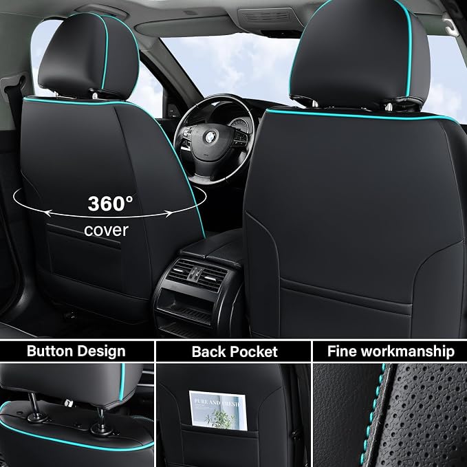 Coverado Seat Covers, Car Seat Cover Front Seats, 2 Pack Universal Seat Covers for Cars, Nappa Leather Waterproof Seat Cover, Car Seat Protectors, Front Seat Cover Fit for Most Cars, Black&Blue - Image 2