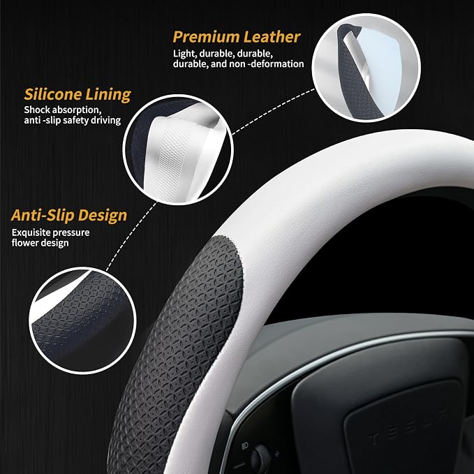 Uxcer Nappa Leather Steering Wheel Cover Compatible with Tesla Model 3/Y 2016-2025 2026 Juniper/Highland, Non-Slip Breathable Tesla Model 3/Y Steering Wheel Protector, White - Image 5