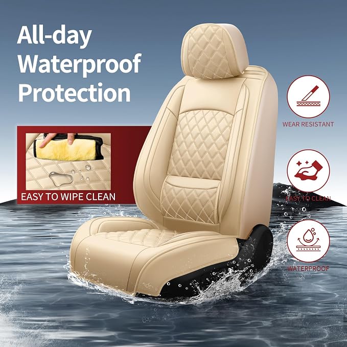 Car Seat Covers for GMC Acadia 2007-2026, Front Pair, Beige | Luxury Full Coverage Leather Seat Protectors, Waterproof Breathable, Non-Slip, Easy to Install, Airbag Compatible, All-Season - Image 2