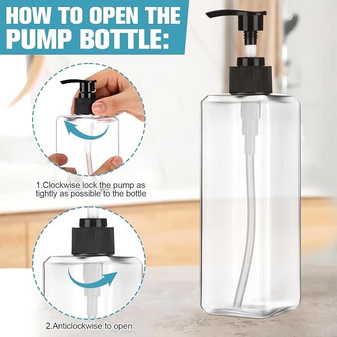Didaey 8 Pcs Empty Shampoo Bottles with Pump 16 Oz Plastic Soap Dispenser Refillable Body Wash Bottles for Bathroom, Kitchen Sink, Hotel, Salon(Transparent, Black) - Image 5