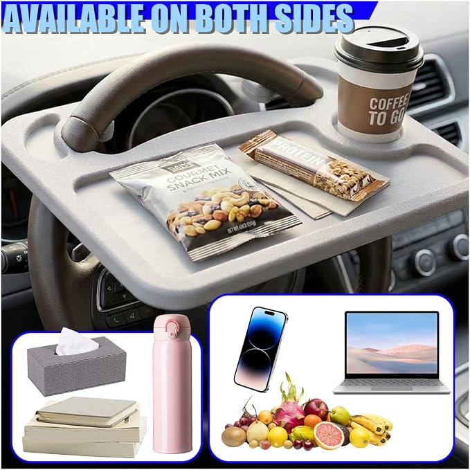 Car Steering Wheel Desk, 2 in 1 Multipurpose Auto Steering Wheel Tray with Drink Holder and Pen Slot, Portable Vehicle Computer Office Table Travel Accessories for Laptop, Food (Gray) - Image 6