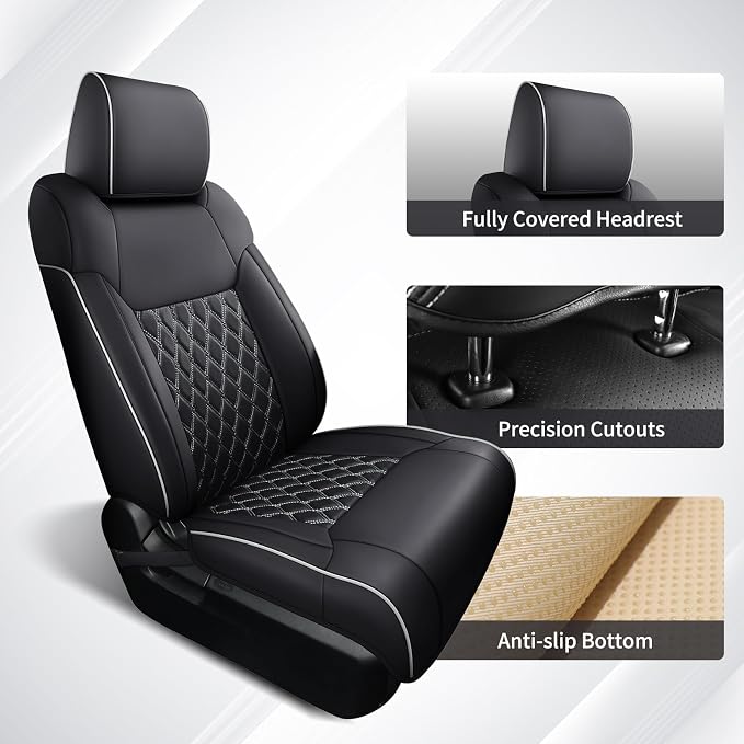 Huidasource Tacoma Seat Covers Full Set, Nappa Leather Pickup Seat Cushion Cover Fit for Toyota Tacoma 2024-2026 Double&Crew Cab SR SR5 Limited TRD Sport/Off Road Trailhunter (Full Set/Black&White) - Image 3