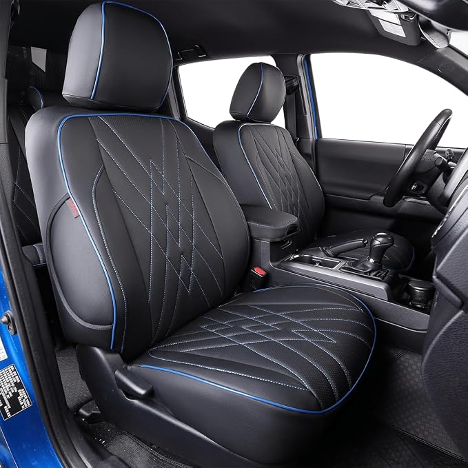 EKR Custom Fit Tacoma Rear Car Seat Covers for Toyota Tacoma (Petrol) 2024 2025 2026 Double cab SR/SR5/TRD Sport/TRD Off-Road/Limited - Second Row Only,Faux Leather(Black with Blue Trim) by EKR