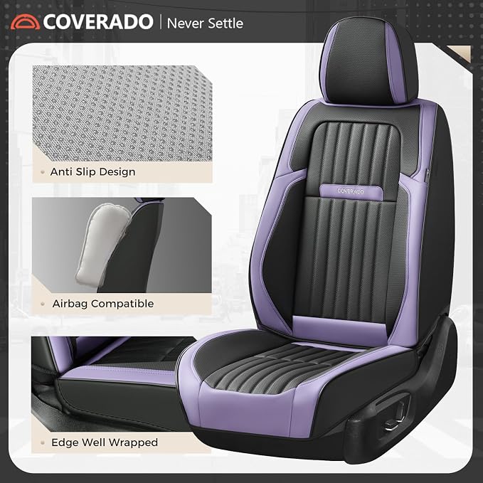 Coverado Car Seat Covers Front Seats, Seat Covers for Cars, Car Seat Protector, 2-Pack Car Seat Cushion Nappa Leather, Waterproof Seat Covers Carseat Cover Universal Fit for Most Cars(Purple&Black) - Image 4