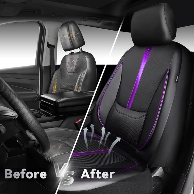 CAR PASS Nappa Leather Car Seat Covers, Water Resistant 3D Foam Faux Leather Seat Covers, Lumbar Support Automotive Seat Covers 2 Front Seats, Comfort & Universal Fit for Cars SUV Truck, Black Purple - Image 6