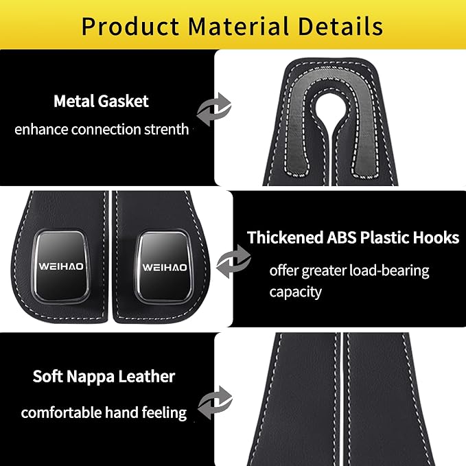 WEIHAO Wide Purse Hook for Car, Twin Hook Leather Car Headrest Hangers, Car Seat Back Storage Hook, Headrest Hooks Purse Bag Holder for Car Universal Fit Sedan Trucks SUVs Most Vehicles (Black-4PCS) - Image 4