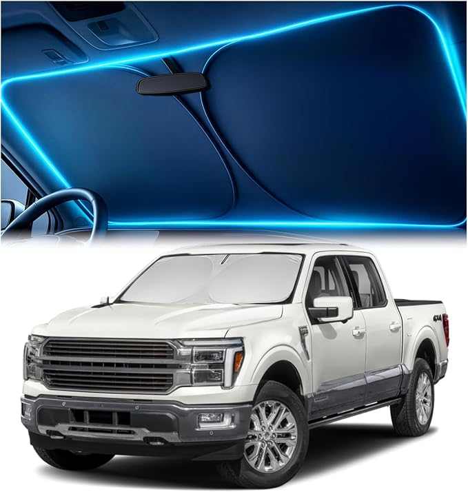 Windshield Sun Shade for Ford F-150 2021 2022 2023 2024 2025 2026 – Custom Fit Sun Shield with Mirror Cut‑Out, Blocks Heat & UV, Foldable with Storage Pouch - Ford F-150 Windshield Sunshade by Autopect