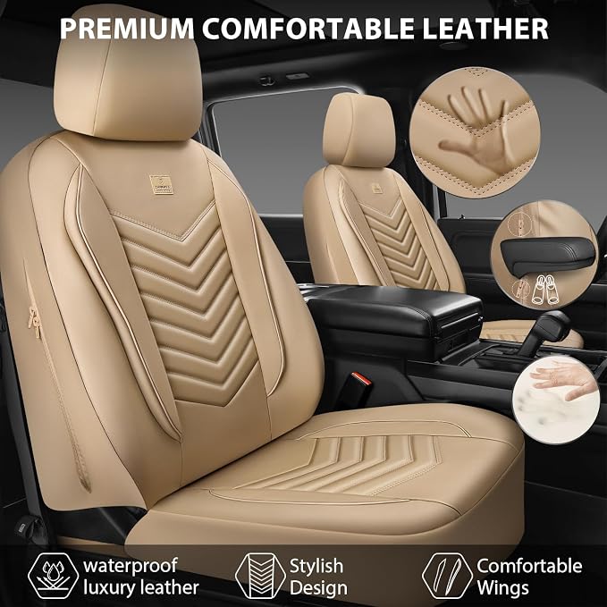 CAR PASS 3D Foam Faux Leather Seat Covers Full Set,Waterproof Tan Leather Seat Cover for Cars,Luxury Universal Fit Anti-Slip for SUV Truck Sedan Automotive,Armrest Airbag Compatible,All Beige - Image 2