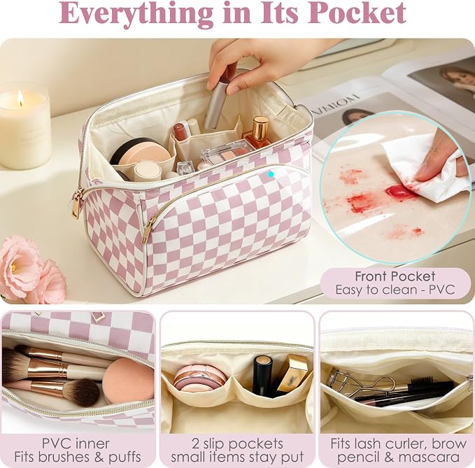 Fammart Travel Makeup Bag for Women, Waterproof Checkered Cosmetic Cosmetic Bag Make Up Organizer Case, Large Wide-open Toiletry Bag for Skincare, Brushes, Bathroom & Travel Essentials - Image 5