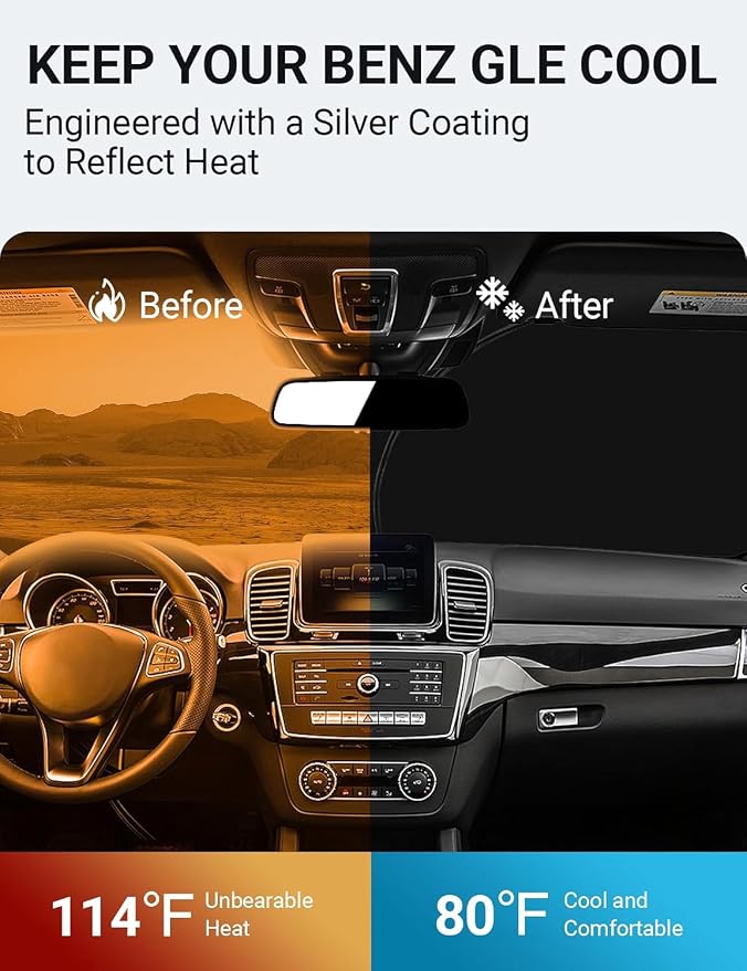 Proadsy Custom Fit Car Windshield Sun Shade for 2016-2019 Mercedes-Benz GLE | 240T Heat Shield, Drops Temp 54°F, Blocks 99% UV, Prevents Dashboard Cracking, Summer Parking & Beach Trips, Easy Twist-Fold - Image 3