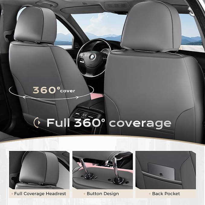 Coverado Car Seat Covers Full Set, Nappa Leather Seat Covers for Cars, Car Seat Protector Car Seat Cushion, Front and Back Seat Protectors Cushions Universal Fit for Most Cars Vehicles(Gray&Pink) - Image 5