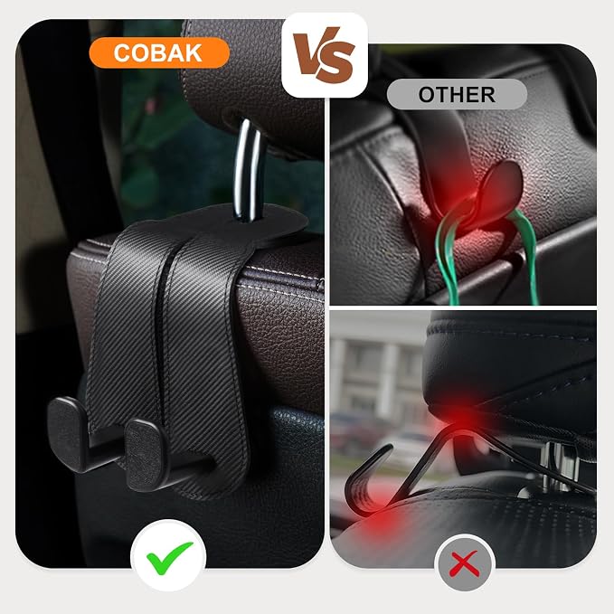 CoBak Extra Wide Car Seat Back Hooks, Premium Stitched Leather Headrest Hangers with Wide Slot Structure, Universal for Any-Width Purses, Handbags, Bags (4 Pack), Carbon Fiber Black - Image 6