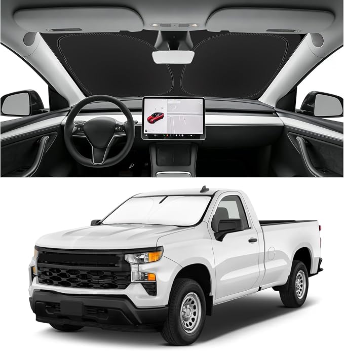 Custom Fit Windshield Sun Shade for Chevy Silverado 2019-2026 | Blocks UV Rays and Sun Heat, Helps Reduce Interior Temperature, Protects Dashboard from Fading, Folds Easily for Storage by SLOGENTO