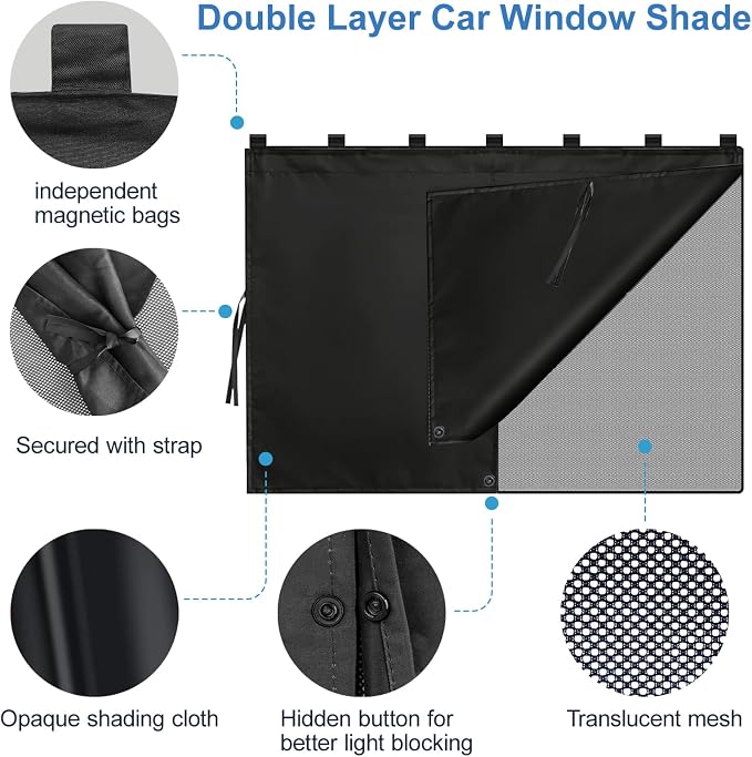 Magnetic Car Window Shades,2Pcs Side Window Sun Shade with 7 Strong Magnets | Double Layer Magnetic Car Sunshade for Baby,Full Covers/Half Shade Car Window Covers for Side Windows,Magnetic Car Curtains - Image 7