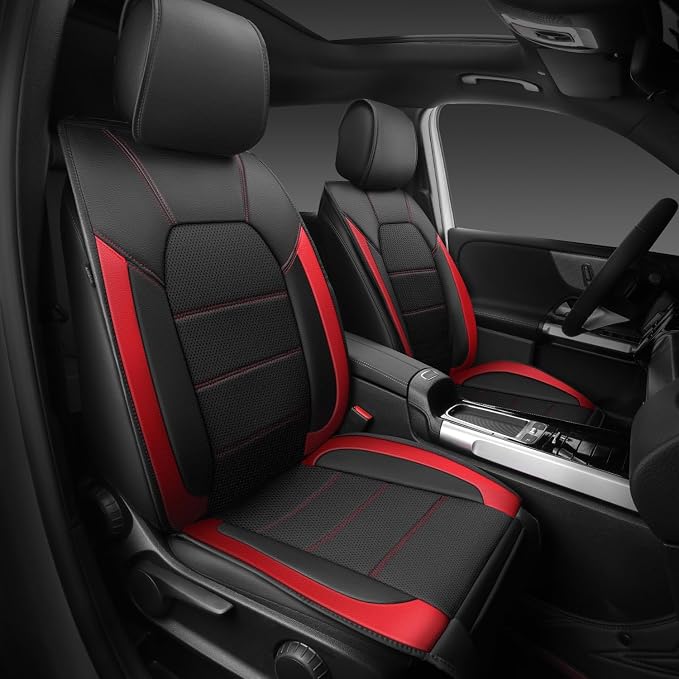 CAR PASS 5 Seats Leather Car Seat Covers, Sideless Car Seat Protectors with Storage Pocket, Water Resistance Seat Cover, Universal Fit Most Cars, SUVs, Trucks and Vans (Full Set,Black and Red) - Image 2