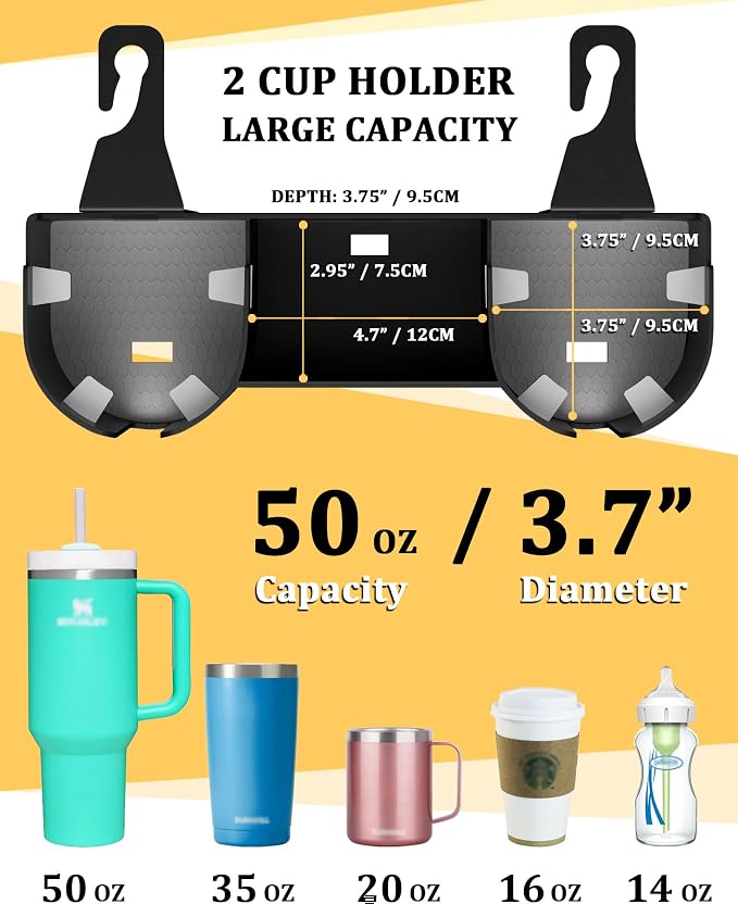 Car Headrest Backseat Cup Holder 3.7", Seat Back Organizer with Hooks | High Capacity 4 in 1 Seat Back Organizer, Multifunctional Storage for Car Travel Accessories Compatible with Most Vehicles - Image 3