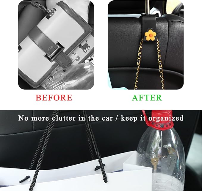 Yourkar 4 PCS Car Seat Headrest Hook, Plastic Headrest Hooks with Adhesive Flower, Auto Back Seat Hanger Storage Hook for Grocery Bag Purse Handbag Umbrella, Car Accessories (Dark Yellow) - Image 3