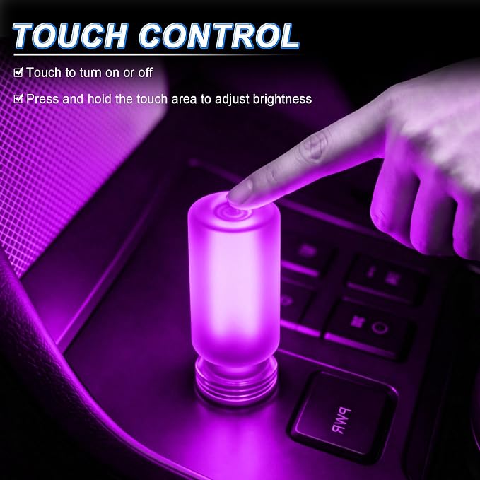 iFunyLED Car Interior USB LED Night Light, Portable Touch dimmable Car Ambient Lighting Kit, Retro Mini Frosted Glass Bottle Lamp Decorations for Vehicle Camping Bedroom Hallway, Pack of 2(Purple) - Image 4