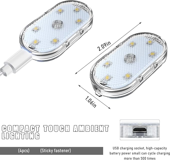KVAEY 4 PCS Car LED Lights Interior Wireless, 7 Colors Magnetic Auto Ambient Light with 6 Bright LED Lamp Beads, Portable USB Rechargeable Vehicle Interior Led Night Light (Colorful, Sticky, 4pcs) - Image 2