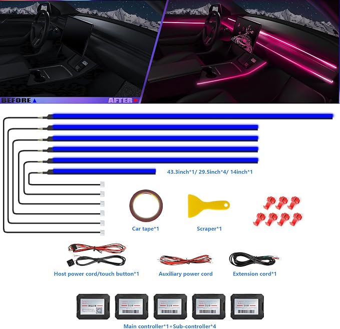 Acrylic Interior Car LED Strip Light with APP, RGB 6 in 1 with 175 inches 600 LEDs Fiber Optic Ambient Lighting Kits, 16 Million Colors Sound Active Function Car Neon LED Strip for Car - Image 2