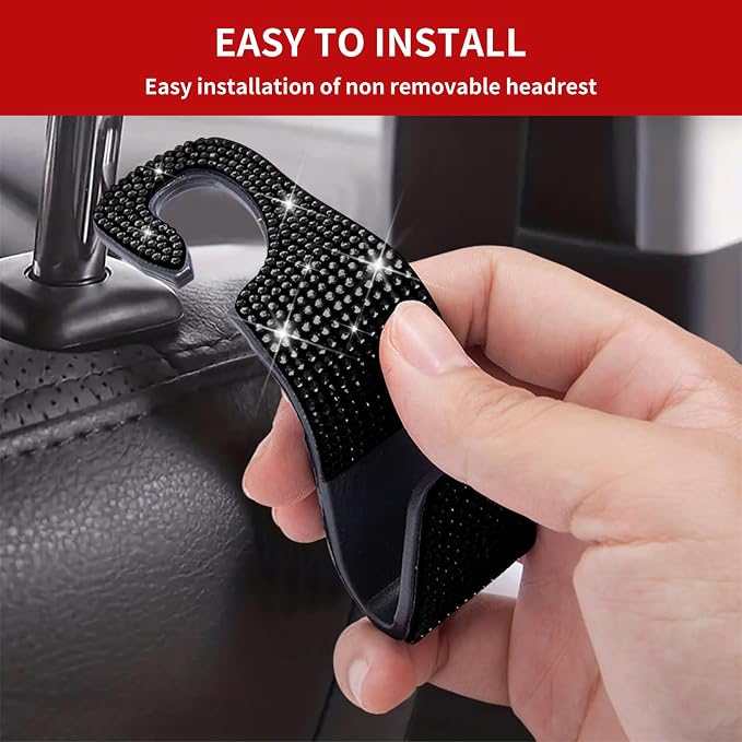 4PCS Bling Car Seat Headrest Hooks, Vehicle Back Seat Purse Handbag Hanging Holder with Crystal Rhinestone, Diamond Storage Organizer Hook,Bling Car Accessories for Women (Red) - Image 4