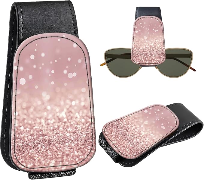 Leather Magnetic Sunglass Holder for Car Sun Visor, Cute Eyeglass Ticket Card Hanger Clip, Universal Auto Interior Accessories for SUV Pickup Truck, Rose Gold Glitter by Unknown