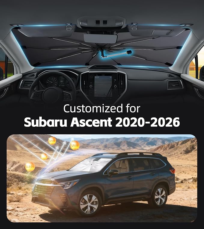 Windshield Sun Shade for Subaru Ascent 2020-2026 with 360° Rotating Shaft | Custom Fit Umbrella Sunshade for UV Blocking, Interior Heat Protection, Easy Storage, UPF 50+ Cool Windshield Cover - Image 2