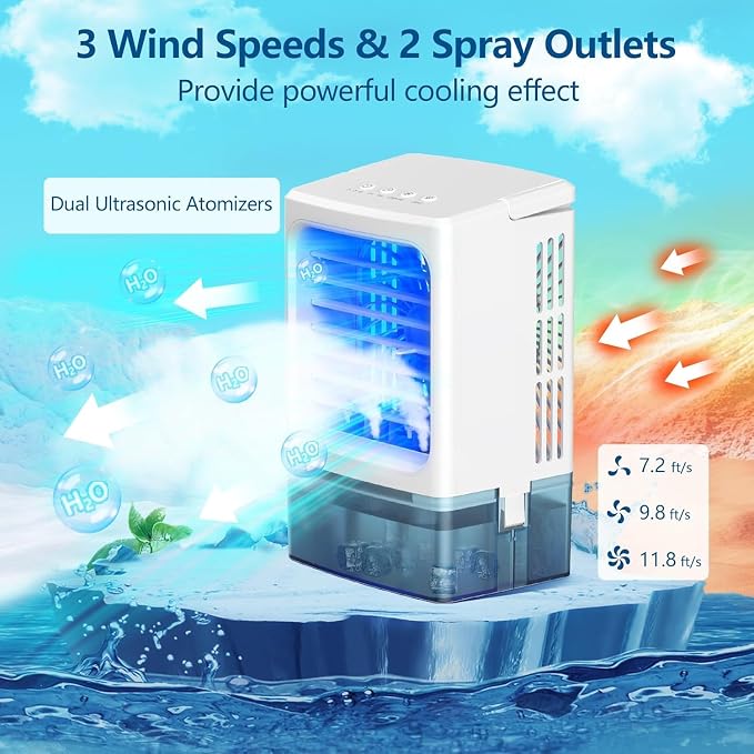 Portable Air Conditioners, 3 Speeds 2 Mist Modes Portable AC Unit with 900ml Water Tank,7-Color Lights Evaporative Cooler Blow Cold Air, Mini Car Cooling Fan for Bedroom RV Desk Office Indoor - Image 3