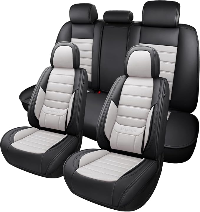 MINGBRON Car Seat Covers Full Set,Black White Car Seat Cover, Car Seat Protector Waterproof, Nappa Leather Car Seat Cushion, Fit for Most Cars by MINGBRONCARSEATCOVER