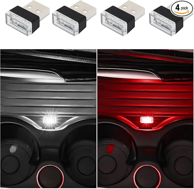 Dickno 4 PCS USB LED Car Interior Atmosphere Lamp, Portable Mini LED Night Light, Plug-in USB Interface Trunk Ambient Lighting Kit, Universal Vehicle Interior Accessories (White+Red) by Dickno
