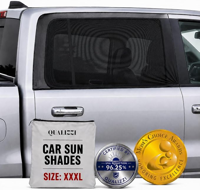 XXXL/Window Sun Shades for Trucks, 2-Pack/8 Sizes. Stretch-To-Fit H: 23"x W: 50" Rear Windows. Slip-On Breathable Mesh Socks for Side Windows, Full Coverage, Heat & Bug Protection, 2-Pack by Qualizzi by Qualizzi