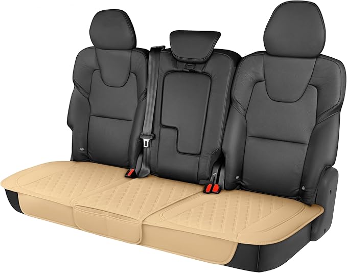Motor Trend Rear Seat Cushion - Beige Diamond Stitched Faux Leather Rear Seat Cover for Cars, Trucks, SUVs - Padded, Waterproof, Non-Slip Back Seat Cover with Storage Pockets by MotorTrend