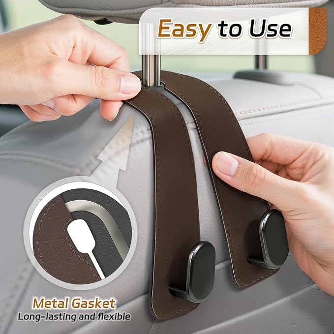 Car Seat Headrest Hooks, 4PCS Universal Car Purse Hook Leather Car Bag Hook | Brown Car Bag Purse Holder with Double Metal Hooks for Handbags, Grocery Bags, Bottles, Phones - Image 2